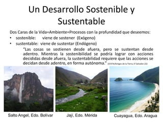 Un Desarrollo Sostenible y
                 Sustentable
Dos Caras de la Vida=Ambiente=Procesos con la profundidad que deseemos:
• sostenible: viene de sostener (Exógeno)
• sustentable: viene de sustentar (Endógeno)
      “Las cosas se sostienen desde afuera, pero se sustentan desde
      adentro. Mientras la sostenibilidad se podría lograr con acciones
      decididas desde afuera, la sustentabilidad requiere que las acciones se
      decidan desde adentro, en forma autónoma.” (CESTA/Amigos de la Tierra, El Salvador (2))




Salto Angel, Edo. Bolívar           Jají, Edo. Mérida              Cuayagua, Edo. Aragua
 