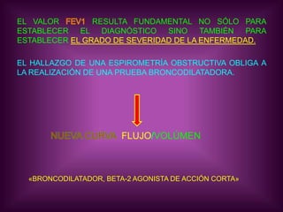 ¿QUÉ DEBEMOS TOMAR EN CUENTA AL MOMENTO DEREALIZAR UNA ESPIROMETRÍA?DESPUÉS DE INSERTAR LOS DATOS EN EL ESPIRÓMETRO ( EDAD, SEXO, TALLA, PESO, HORAY RAZA), ESTO SE DEBE A QUE EXISTEN TABLAS QUE COMPARAN TODAS ESTAS CON LOSVOLÚMENES QUE MANEJA EL PACIENTE. EL ESPIRÓMETRO MANEJA ESTOS DATOS Y ENTREGA PARA CADA TIPO DE RESULTADO TRESDATOS: EL VALOR PREDICTIVO, EL OBTENIDO Y EL % QUE REPRESENTA EL OBTENIDO CON RELACIÓN AL ESPERADO.VOL. ESPERADOVOL. OBTENIDO% OBTENIDOCAPACIDAD VITAL4.6L3.4L75%