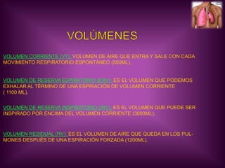 VOLÚMENESVOLUMEN CORRIENTE (VT): VOLUMEN DE AIRE QUE ENTRA Y SALE CON CADA MOVIMIENTO RESPIRATORIO ESPONTÁNEO (500ML).VOLUMEN DE RESERVA ESPIRATORIO (ERV): ES EL VOLUMEN QUE PODEMOSEXHALAR AL TÉRMINO DE UNA ESPIRACIÓN DE VOLUMEN CORRIENTE ( 1100 ML).VOLUMEN DE RESERVA INSPIRATORIO (IRV): ES EL VOLUMEN QUE PUEDE SERINSPIRADO POR ENCIMA DEL VOLUMEN CORRIENTE (3000ML).VOLUMEN RESIDUAL (RV): ES EL VOLUMEN DE AIRE QUE QUEDA EN LOS PUL-MONES DESPUÉS DE UNA ESPIRACIÓN FORZADA (1200ML).