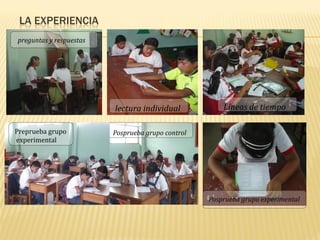 LA EXPERIENCIA
preguntas y respuestas
lectura individual
Posprueba grupo control
Líneas de tiempo
Preprueba grupo
experimental
Posprueba grupo experimental
 