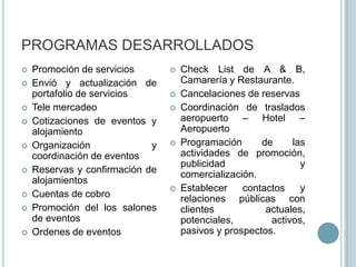 PROGRAMAS DESARROLLADOSPromoción de serviciosEnvió y actualización de portafolio de serviciosTele mercadeoCotizaciones de eventos y alojamientoOrganización y coordinación de eventosReservas y confirmación de alojamientosCuentas de cobroPromoción del los salones de eventosOrdenes de eventosCheckList de A & B, Camarería y Restaurante.Cancelaciones de reservasCoordinación de traslados aeropuerto – Hotel – AeropuertoProgramación de las actividades de promoción, publicidad y comercialización.Establecer contactos y relaciones públicas con clientes actuales, potenciales, activos, pasivos y prospectos.