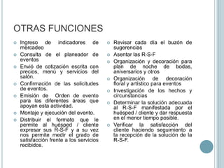 OTRAS FUNCIONESIngreso de indicadores de mercadeoConsulta de el planeador de eventosEnvió de cotización escrita con precios, menú y servicios del salón.Confirmación de las solicitudes de eventos.Emisión de  Orden de evento para las diferentes áreas que apoyan esta actividad.Montaje y ejecución del evento.Distribuir el formato que le permite al huésped / cliente expresar sus R-S-F y a su vez nos permite medir el grado de satisfacción frente a los servicios recibidos.Revisar cada día el buzón de sugerenciasAsentar las R-S-FOrganización y decoración para plan de noche de bodas, aniversarios y otrosOrganización de decoración floral y artístico para eventosInvestigación de los hechos y circunstanciasDeterminar la solución adecuada al R-S-F manifestada por el huésped / cliente y dar respuesta en el menor tiempo posible.Verificar la satisfacción del cliente haciendo seguimiento a la recepción de la solución de la R-S-F.