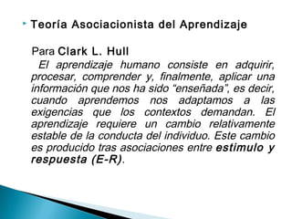  Teoría Asociacionista del Aprendizaje 
Para Clark L. Hull 
El aprendizaje humano consiste en adquirir, 
procesar, comprender y, finalmente, aplicar una 
información que nos ha sido “enseñada”, es decir, 
cuando aprendemos nos adaptamos a las 
exigencias que los contextos demandan. El 
aprendizaje requiere un cambio relativamente 
estable de la conducta del individuo. Este cambio 
es producido tras asociaciones entre estimulo y 
respuesta (E-R). 
 