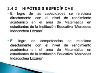 2.4.2 HIPÓTESIS ESPECÍFICAS 
 El logro de las capacidades se relaciona 
directamente con el nivel de rendimiento 
académico en el área de Matemática en 
estudiantes de la Institución Educativa “Mercedes 
Indacochea Lozano” 
 El logro de competencias se relaciona 
directamente con el nivel de rendimiento 
académico en el área de Matemática en 
estudiantes de la Institución Educativa “Mercedes 
Indacochea Lozano” 
 