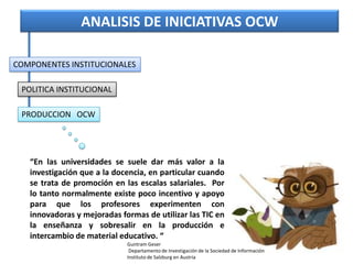 ANALISIS DE INICIATIVAS OCW

COMPONENTES INSTITUCIONALES

 POLITICA INSTITUCIONAL

 PRODUCCION OCW




   “En las universi...