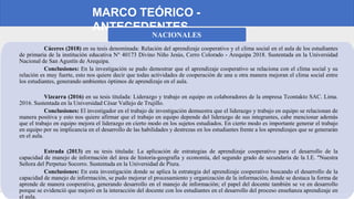 MARCO TEÓRICO -
ANTECEDENTES
NACIONALES
Cáceres (2018) en su tesis denominada: Relación del aprendizaje cooperativo y el c...