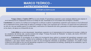 MARCO TEÓRICO -
ANTECEDENTES
INTERNACIONALES
Vargas, Gámez y Cuadros (2017) en su tesis titulado: El aprendizaje cooperati...