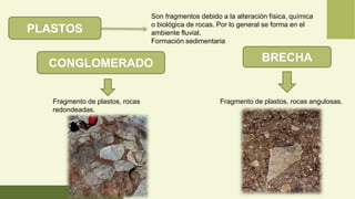 CONGLOMERADO
Son fragmentos debido a la alteración física, química
o biológica de rocas. Por lo general se forma en el
ambiente fluvial.
Formación sedimentaria
PLASTOS
Fragmento de plastos, rocas
redondeadas.
BRECHA
Fragmento de plastos, rocas angulosas.
 