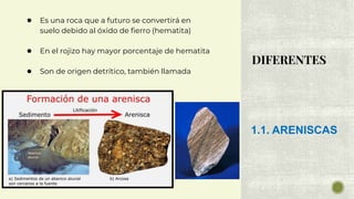 DIFERENTES
● Es una roca que a futuro se convertirá en
suelo debido al óxido de fierro (hematita)
● En el rojizo hay mayor porcentaje de hematita
● Son de origen detrítico, también llamada
1.1. ARENISCAS
 