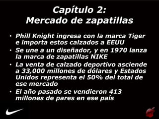 Capítulo 2:
    Mercado de zapatillas
• Phill Knight ingresa con la marca Tiger
  e importa estos calzados a EEUU
• Se une a un diseñador, y en 1970 lanza
  la marca de zapatillas NIKE
• La venta de calzado deportivo asciende
  a 33,000 millones de dólares y Estados
  Unidos representa el 50% del total de
  ese mercado
• El año pasado se vendieron 413
  millones de pares en ese país
 