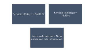 Servicio eléctrico = 96.07 % Servicio telefónico =
16.39%
Servicio de internet = No se
cuenta con esta información.
 