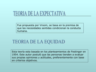 TEORIA DE LA EXPECTATIVA TEORIA DE LA EQUIDAD Fue propuesta por Vroom, se basa en la premisa de que las necesidades sentidas condicionan la conducta humana.  Esta teoría esta basada en los planteamientos de Festinger en 1954. Este autor postuló que las personas tienden a evaluar sus propias opiniones y actitudes, preferentemente con base en criterios objetivos.  