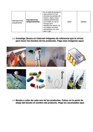 Es un cable de puntas en
                                  cada extremo el cual
                                  atraviesa las paredes del
                                  cuerpo y llega a hacer
                Reproducirnos     contacto directamente
Reproducirnos
                sanguíneamente.   con el ADN, el cual se      Dolor   Adextar
sexualmente                       encarga de la
                                  reproducción directa. Es
                                  una especie de lanza
                                  microscópica, de color
                                  azul y rojo.



1.2. Investiga (busca en Internet imágenes de referencia que te sirvan
    para hacer los bocetos de los productos. Pega esas imágenes aquí)




1.3. Boceto a color de cada uno de los productos. Coloca en la parte de
    abajo del boceto el nombre del producto. Pega los escaneados aquí
 