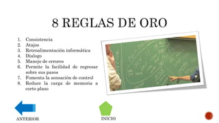 1. Consistencia
2. Atajos
3. Retroalimentación informática
4. Dialogo
5. Manejo de errores
6. Permite la facilidad de regresar
sobre sus pasos
7. Fomenta la sensación de control
8. Reduce la carga de memoria a
corto plazo
INICIOANTERIOR
 