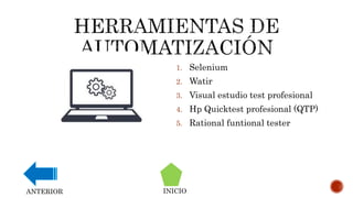 INICIOANTERIOR
1. Selenium
2. Watir
3. Visual estudio test profesional
4. Hp Quicktest profesional (QTP)
5. Rational funtional tester
 