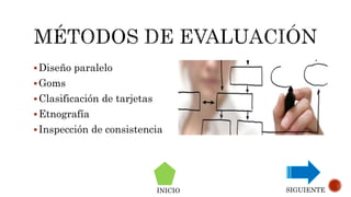INICIO SIGUIENTE
Diseño paralelo
Goms
Clasificación de tarjetas
Etnografía
Inspección de consistencia
 