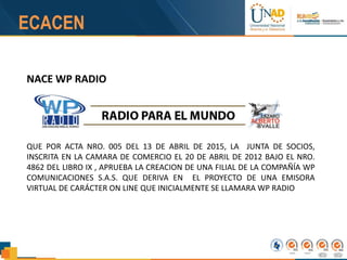 NACE WP RADIO
QUE POR ACTA NRO. 005 DEL 13 DE ABRIL DE 2015, LA JUNTA DE SOCIOS,
INSCRITA EN LA CAMARA DE COMERCIO EL 20 DE ABRIL DE 2012 BAJO EL NRO.
4862 DEL LIBRO IX , APRUEBA LA CREACION DE UNA FILIAL DE LA COMPAÑÍA WP
COMUNICACIONES S.A.S. QUE DERIVA EN EL PROYECTO DE UNA EMISORA
VIRTUAL DE CARÁCTER ON LINE QUE INICIALMENTE SE LLAMARA WP RADIO
 