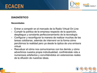 DIAGNÓSTICO
Necesidades
- Entrar a competir en el mercado de la Radio Virtual On Line
- Cumplir la política de la empresa respecto de la aparición,
despliegue y constante perfeccionamiento de la tecnología
- Configurar y reconfigurar la manera de realizar muchas de las
tareas cotidianas, además de intervenir en la forma cómo
percibimos la realidad pero ya desde la óptica de una emisora
virtual.
- Reevaluar el cómo nos comunicamos con los demás y cómo
advertimos nuestra propia individualidad, confiriéndole vida a
numerosos artefactos y convirtiéndolos en extensiones reales
de la difusión de nuestras ideas.
 