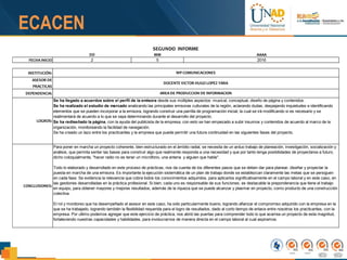 DD MM AAAA
FECHA INICIO 2 5 2016
INSTITUCIÓN:
ASESOR DE
PRACTICAS
DEPENDENCIA:
LOGROS:
CONCLUSIONES:
Se ha llegado a acuerdos sobre el perfil de la emisora desde sus múltiples aspectos: musical, conceptual, diseño de página y contenidos.
Se ha realizado el estudio de mercado analizando las principales emisoras culturales de la región, aclarando dudas, despejando inquietudes e identificando
elementos que se pueden incorporar a la emisora, logrando construir una parrilla de programación inicial; la cual se irá modificando si es necesario y se
realimentará de acuerdo a lo que se vaya determinando durante el desarrollo del proyecto.
Se ha rediseñado la página, con la ayuda del publicista de la empresa, con esto se han empezado a subir insumos y contenidos de acuerdo al marco de la
organización, monitoreando la facilidad de navegación.
Se ha creado un lazo entre los practicantes y la empresa que puede permitir una futura continuidad en las siguientes fases del proyecto.
Para poner en marcha un proyecto coherente, bien estructurado en el ámbito radial, se necesita de un arduo trabajo de planeación, investigación, socialización y
análisis, que permita sentar las bases para construir algo que realmente responda a una necesidad y que por tanto tenga posibilidades de proyectarse a futuro,
dicho coloquialmente, "hacer radio no es tener un micrófono, una antena y alguien que hable".
Todo lo elaborado y desarrollado en este proceso de prácticas, nos da cuenta de los diferentes pasos que se deben dar para planear, diseñar y proyectar la
puesta en marcha de una emisora. Es importante la ejecución sistemática de un plan de trabajo donde se establezcan claramente las metas que se persiguen
en cada fase. Se evidencia la relevancia que cobra todos los conocimientos adquiridos, para aplicarlos significativamente en el campo laboral y en este caso, en
las gestiones desarrolladas en la práctica profesional. Si bien, cada uno es responsable de sus funciones, es destacable la preponderancia que tiene el trabajo
en equipo, para obtener mayores y mejores resultados, además de la riqueza que se puede alcanzar y plasmar en proyecto, como producto de una construcción
colectiva.
El rol y monitoreo que ha desempeñado el asesor en este caso, ha sido particularmente bueno, logrando afianzar el compromiso adquirido con la empresa en la
que se ha trabajado, logrando también la flexibilidad requerida para el logro de resultados, dado al corto tiempo de enlace entre nosotros los practicantes, con la
empresa. Por ultimo podemos agregar que este ejercicio de práctica, nos abrió las puertas para comprender todo lo que acarrea un proyecto de esta magnitud,
fortaleciendo nuestras capacidades y habilidades, para involucrarnos de manera directa en el campo laboral al cual aspiramos.
AREA DE PRODUCCION DE INFORMACION
WP COMUNICACIONES
SEGUNDO INFORME
DOCENTE VICTOR HUGO LOPEZ YARA
 