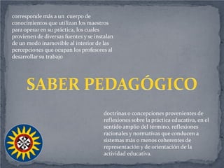 corresponde más a un cuerpo de
conocimientos que utilizan los maestros
para operar en su práctica, los cuales
provienen de diversas fuentes y se instalan
de un modo inamovible al interior de las
percepciones que ocupan los profesores al
desarrollar su trabajo




                                      doctrinas o concepciones provenientes de
                                      reflexiones sobre la práctica educativa, en el
                                      sentido amplio del término, reflexiones
                                      racionales y normativas que conducen a
                                      sistemas más o menos coherentes de
                                      representación y de orientación de la
                                      actividad educativa.
 