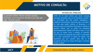 MOTIVO DE CONSULTA:
MOTIVO DE CONSULTA:
HISTORIA DEL PROBLEMA
J.P.M. de 21 años refiere que siente cansada,
estresada, frustrada, que no le encuentra sentido a
las actividades que ella realiza, trabajadora y
estudiante universitaria, menciona que se levanta a
las 4am para poder realizar el desayuno y el
almuerzo para sus familiares (hermano y madre).La
paciente refiere que su padre los abandonó
aproximadamente cuando ella tenía 8 años, es por
eso que su madre entra a trabajar al mercado.
J.M.P. Desde muy pequeña ella cuidó a su hermano
de 2 años asumiendo el papel de adulta. Ella
manifiesta que por muchos años ella se ha
encargado de hacer las tareas del hogar y al mismo
tiempo estudiar.
La paciente refiere “Me he sentido cansada,
estresada, no le encuentro sentido a las cosas que
hago. necesito ayuda.
 
