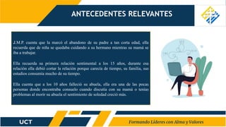 ANTECEDENTES RELEVANTES
J.M.P. cuenta que la marcó el abandono de su padre a tan corta edad, ella
recuerda que de niña se quedaba cuidando a su hermano mientras su mamá se
iba a trabajar.
Ella recuerda su primera relación sentimental a los 15 años, durante esa
relación ella debió cortar la relación porque carecía de tiempo, su familia, sus
estudios consumía mucho de su tiempo.
Ella cuenta que a los 10 años falleció su abuela, ella era una de las pocas
personas donde encontraba consuelo cuando discutía con su mamá o tenías
problemas al morir su abuela el sentimiento de soledad creció más.
 