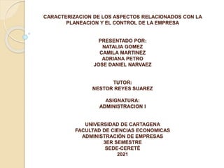 CARACTERIZACION DE LOS ASPECTOS RELACIONADOS CON LA
PLANEACION Y EL CONTROL DE LA EMPRESA
PRESENTADO POR:
NATALIA GOMEZ
CAMILA MARTINEZ
ADRIANA PETRO
JOSE DANIEL NARVAEZ
TUTOR:
NESTOR REYES SUAREZ
ASIGNATURA:
ADMINISTRACION I
UNIVERSIDAD DE CARTAGENA
FACULTAD DE CIENCIAS ECONOMICAS
ADMINISTRACIÓN DE EMPRESAS
3ER SEMESTRE
SEDE-CERETÉ
2021
 