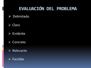 EVALUACIÓN DEL PROBLEMA
 Delimitado
 Claro
 Evidente
 Concreto
 Relevante
 Factible
 