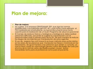 Plan de mejora:

   Plan de mejora:
   Se sugiere a la empresa DENTISANAR ESP, que siga las normas
    establecidas y actualizadas del GTC 45, y que tome como ejemplo el
    PSO realizado por el estudiante, ya que el documento sirve como
    soporte para la realización de un buen Programa de salud ocupacional
   El manejo de residuos tóxicos y biológicos y biológicos lo debe realizar
    personal calificado, por ende se sugiere la capacitación con el
    personal adecuado e idóneo para dicho fin, de esta manera se reduce
    los riesgos de accidentes por manipulación de estos agentes.
   El uso de orejeras tipo anti impacto es buen método para evitar daños
    en los oídos de las personas que manipulan las fresas y mototools en los
    laboratorios, de igual manera a las personas que asisten a consulta, ya
    que la fresa usada en odontología genera varios decibeles de ruido por
    encima de lo normal, estos decibeles pueden causar daños
    irreversibles tanto para el profesional como para el paciente.
 