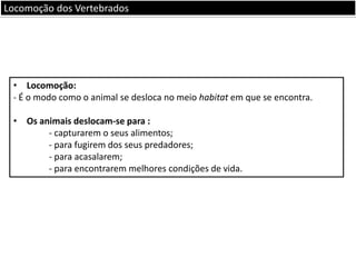 Locomoção dos Vertebrados

• Locomoção:
- É o modo como o animal se desloca no meio habitat em que se encontra.

• Os animais deslocam-se para :
- capturarem o seus alimentos;
- para fugirem dos seus predadores;
- para acasalarem;
- para encontrarem melhores condições de vida.

 
