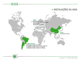      INSTALAÇÕES DA ASJA China 3  instalações de biogás América do Sul 2  instalações de biogás na Argentina 1  instalação de tratamento de chorume na Argentina 1  instalação de biogás no Brasil  em operação 1  instalação de biogás no Brasil em construção Itália 26  instalações de biogás 1  planta de produção de óleo vegetal 5  parques eólicos 8  instalações fotovoltáicas 