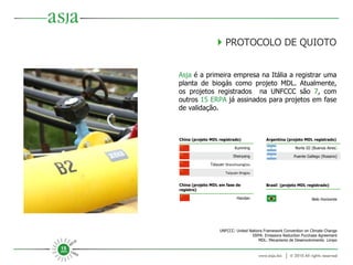 UNFCCC:  United Nations Framework Convention on Climate Change ERPA: Emissions Reduction Purchase Agreement MDL: Mecanismo de Desenvolvimento  Limpo Asja  é a primeira empresa na Itália a registrar uma planta de biogás como projeto MDL. Atualmente, os projetos registrados  na UNFCCC são  7 , com outros  15 ERPA  já assinados para projetos em fase de validação.    PROTOCOLO DE QUIOTO Brasil  (projeto MDL registrado) Belo Horizonte China (projeto MDL registrado) Kunming Shenyang Taiyuan  Shanzhuangtou Taiyuan Xingou Argentina (projeto MDL registrado) Norte III (Buenos Aires ) Puente Gallego (Rosario) China (projeto MDL em fase de registro) Handan 