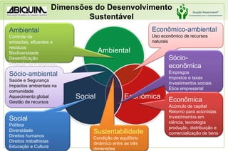 Dimensões do Desenvolvimento SustentávelEconômico-ambientalUso econômico de recursos naturaisAmbientalControle de emissões, efluentes e resíduosBiodiversidadeDesertificaçãoProteção de mananciaisSócio-econômicaEmpregosImpostos e taxasInvestimentos sociaisÉtica empresarialSócio-ambientalSaúde e SegurançaImpactos ambientais na comunidadeAquecimento globalGestão de recursosEconômicaAcúmulo de capitalRetorno para acionistasInvestimentos em  ciência, tecnologia produção, distribuição e comercialização de bensSocialPolíticaDiversidadeDireitos humanosDireitos trabalhistasEducação e CulturaSustentabilidadeCondição de equilíbrio dinâmico entre as três dimensões