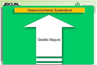 “Mapa da IndústriaQuímica”Desenvolvimento SustentávelVisãoSuportar  o DesenvolvimentoSustentávelEstratégia de ProdutividadeEstratégia de CrescimentoMelhorar o desempenho da indústriaquímicae dos produtosDesenvolver produtos e serviços “sustentáveis”Expandir o alcance do AtuaçãoResponsávelnaindústria e nacadeia de valorMelhorar a imagem da indústria química e dos produtos Perspectiva do ValorPerspectiva das “partes Interessadas”IndústriaGovernosComunidadesConsumidoresTrabalhadoresAcademiaONGs InvestidoresPerspectiva dos ProcessosGestão da produçãoGestão dos produtosGestão SeguraPerspectiva da CapacitaçãoGestão do conhecimento e comunicaçãoCultura de sustentabilidadeGestãocientífica, tecnólogica e de inovaçãoPerspectiva dos Elementos BásicosEstruturacientífica e tecnológicaEstruturaenergéticaEstruturaregulatória e normativaEstruturade governançaEstruturalogísticaEstruturafinanceira e tributáriaValores e Princípios do Atuação ResponsávelFundação