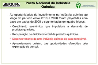 Pacto Nacional da Indústria QuímicaAs oportunidades de investimento na indústria química ao longo do período entre 2010 e 2020 foram projetadas com base em dados de 2008 e segmentadas em quatro blocos:Crescimento econômico, que impulsiona a demanda de produtos químicos.