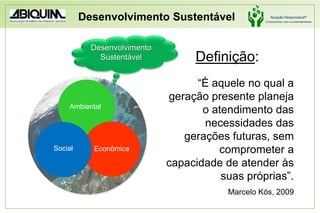 AmbientalSocialEconômicaDesenvolvimento SustentávelDesenvolvimento SustentávelDefinição:“É aquele no qual a geração presente planeja o atendimento das necessidades das gerações futuras, sem comprometer a capacidade de atender às suas próprias”.Marcelo Kós, 2009
