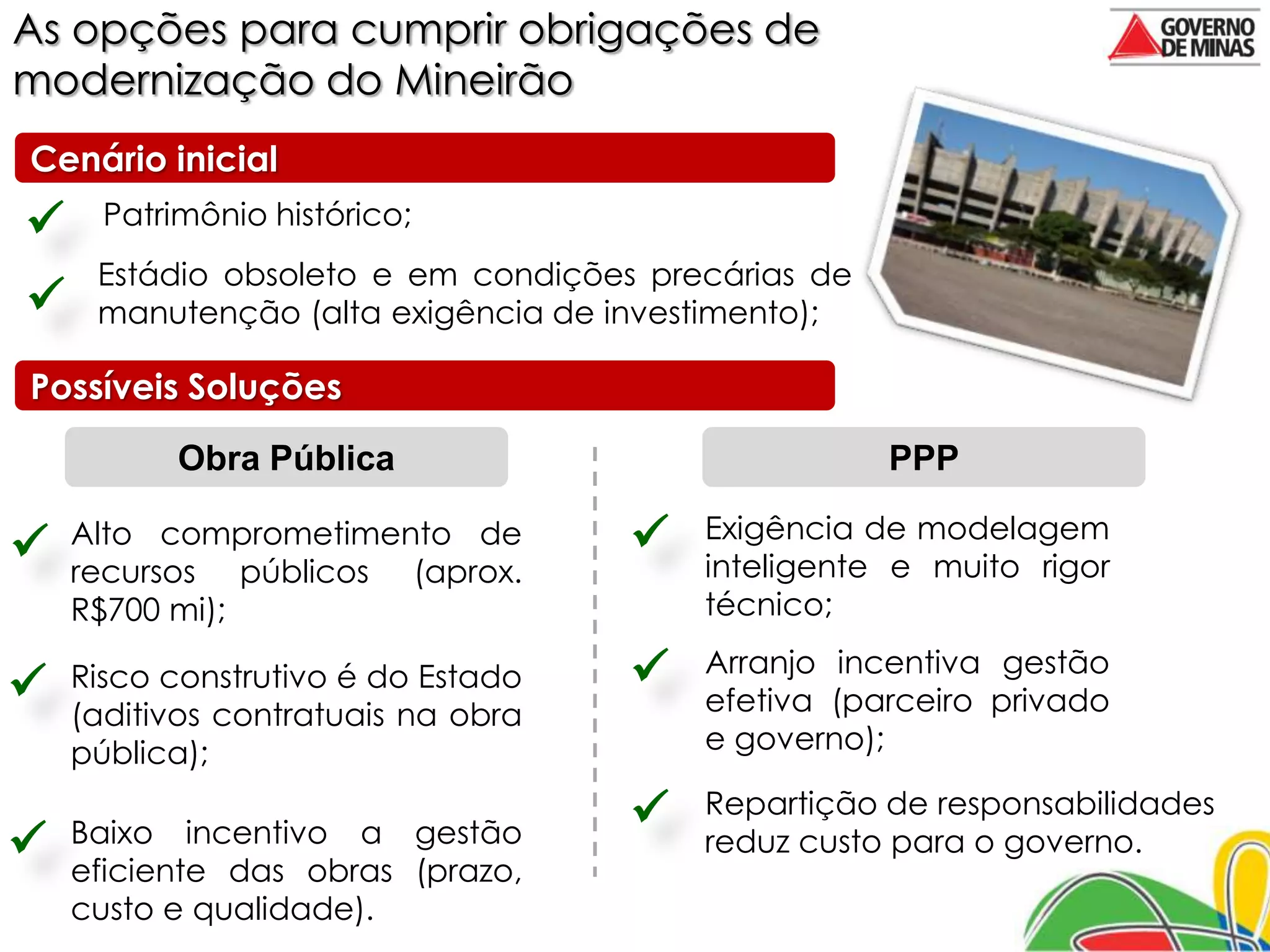 As opções para cumprir obrigações de
modernização do Mineirão
Cenário inicial
     Patrimônio histórico;
     Estádio obsoleto e em condições precárias de
    manutenção (alta exigência de investimento);

Possíveis Soluções

           Obra Pública                             PPP

    Alto comprometimento de            Exigência de modelagem
   recursos públicos (aprox.           inteligente e muito rigor
    R$700 mi);                          técnico;

    Risco construtivo é do Estado      Arranjo incentiva gestão
   (aditivos contratuais na obra       efetiva (parceiro privado
    pública);                           e governo);

                                       Repartição de responsabilidades
   Baixo incentivo a gestão            reduz custo para o governo.
    eficiente das obras (prazo,
    custo e qualidade).
 