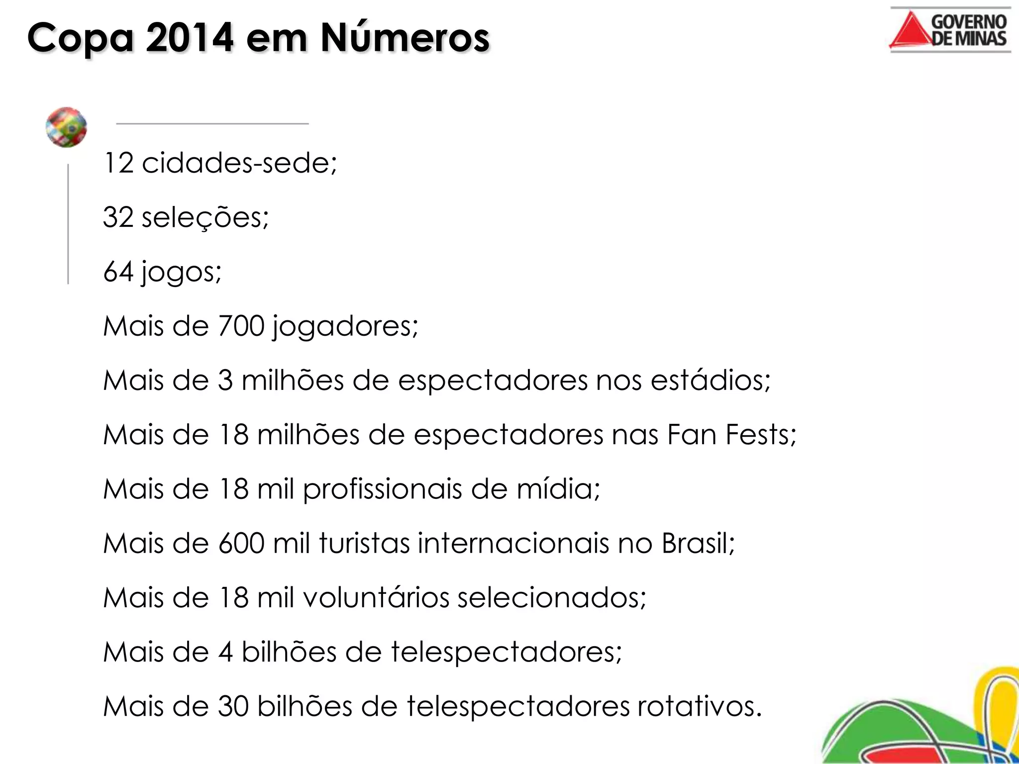 Copa 2014 em Números


   12 cidades-sede;
   32 seleções;
   64 jogos;
   Mais de 700 jogadores;
   Mais de 3 milhões de espectadores nos estádios;
   Mais de 18 milhões de espectadores nas Fan Fests;
   Mais de 18 mil profissionais de mídia;
   Mais de 600 mil turistas internacionais no Brasil;
   Mais de 18 mil voluntários selecionados;
   Mais de 4 bilhões de telespectadores;
   Mais de 30 bilhões de telespectadores rotativos.
 