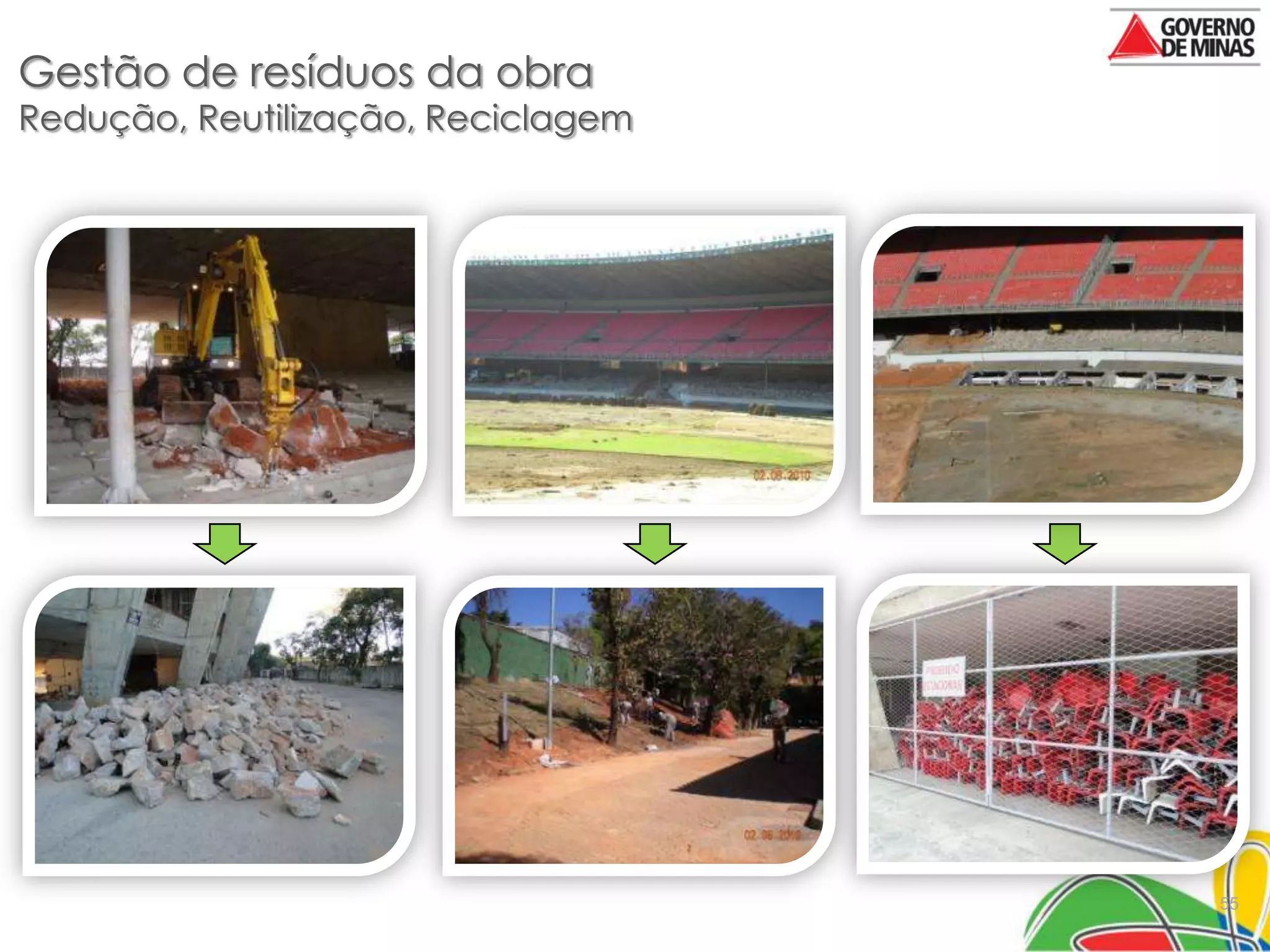 Gestão de resíduos da obra
Redução, Reutilização, Reciclagem




                                    55
 