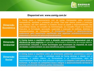 Disponível em: www.cemig.com.br
            A Cemig pauta o relacionamento com as partes interessadas pelos princípios:
            transparência, eqüidade e prestação de contas. Para total clareza quanto à condução
Dimensão    dos negócios, são bem definidos no Estatuto Social os papéis e responsabilidades das
            Assembléias Gerais, do Conselho de Administração, do Conselho Fiscal e da Diretoria
Econômica   Executiva na formulação, aprovação, supervisão e execução de políticas, diretrizes e
            empreendimentos da Companhia. A Companhia busca o desenvolvimento
            sustentável pela associação equilibrada dos aspectos econômico-financeiros,
            ambientais e sociais em seus empreendimentos.
                                          empreendimentos

            A Cemig busca o equilíbrio entre a atuação socioambiental responsável com a
Dimensão    eficiência de seus negócios em geração, transmissão e distribuição de energia elétrica,
Ambiental   promovendo soluções e novas tecnologias que minimizem os impactos de suas
            atividades e potencializem os seus benefícios junto a sociedade.


            A Cemig busca o equilíbrio entre as dimensões ambiental, econômica e social,    social
Dimensão    incorporando-o a sua visão. A estratégia social da Cemig abrange a relação com a
            sociedade, o publico interno, os fornecedores e os consumidores, alem da
  Social    responsabilidade frente aos seus produtos e serviços e o respeito e zelo pelos direitos
            humanos. A atuação da companhia busca integrar o desenvolvimento territorial e
            humanos
            humano, envolvendo múltiplas partes interessadas.
                                                    interessadas
 
