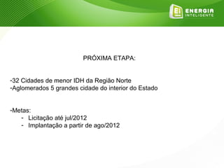 PRÓXIMA ETAPA:


-32 Cidades de menor IDH da Região Norte
-Aglomerados 5 grandes cidade do interior do Estado


-Metas:
   - Licitação até jul/2012
   - Implantação a partir de ago/2012
 