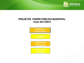 PROJETOS PODER PÚBLICO MUNICIPAL
          Ciclo 2011/2012


           Prefeituras
          Ecoeficientes

            PLAMGE

           Prefeituras
           Eficientes

           Cemig nas
            Escolas
 