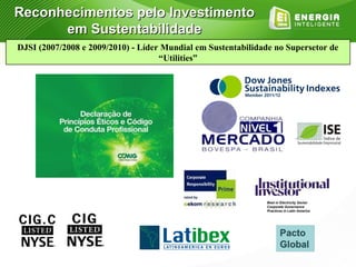 Reconhecimentos pelo Investimento
      em Sustentabilidade
DJSI (2007/2008 e 2009/2010) - Líder Mundial em Sustentabilidade no Supersetor de
                                    “Utilities”




                                             USINA DE NOVA PONTE


                                                               Best in Electricity Sector
                                                               Corporate Governance
                                                               Practices in Latin America
 