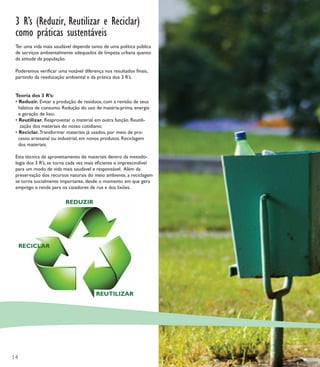 3 R’s (Reduzir, Reutilizar e Reciclar)
 como práticas sustentáveis
 Ter uma vida mais saudável depende tanto de uma política pública
 de serviços ambientalmente adequados de limpeza urbana quanto
 da atitude da população.

 Poderemos veriﬁcar uma notável diferença nos resultados ﬁnais,
 partindo da reeducação ambiental e da prática dos 3 R’s.


 Teoria dos 3 R’s:
 • Reduzir. Evitar a produção de resíduos, com a revisão de seus
   hábitos de consumo. Redução do uso de matéria-prima, energia
   e geração de lixo;
 • Reutilizar. Reaproveitar o material em outra função. Reutili-
    zação dos materiais do nosso cotidiano;
 • Reciclar. Transformar materiais já usados, por meio de pro-
   cesso artesanal ou industrial, em novos produtos. Reciclagem
   dos materiais.

 Esta técnica de aproveitamento de materiais dentro da metodo-
 logia dos 3 R’s, se torna cada vez mais eﬁciente e imprescindível
 para um modo de vida mais saudável e responsável. Além da
 preservação dos recursos naturais do meio ambiente, a reciclagem
 se torna socialmente importante, desde o momento em que gera
 emprego e renda para os catadores de rua e dos lixões.




14
 