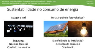 Fórum de Sustentabilidade - Programa Benchmarking Brasil – Agenda 2018
Inovações e Práticas de Excelência em Energia e Recursos Hídricos
15/03/2018
São Paulo
Sustentabilidade no consumo de energia
Apagar a luz?
Segurança
Normas Técnicas
Conforto do usuário
Instalar painéis fotovoltaicos?
E a eficiência da instalação?
Redução de consumo
Otimização
 