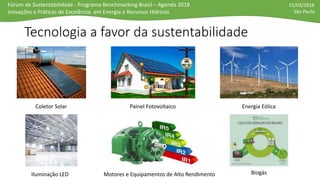Fórum de Sustentabilidade - Programa Benchmarking Brasil – Agenda 2018
Inovações e Práticas de Excelência em Energia e Recursos Hídricos
15/03/2018
São Paulo
Tecnologia a favor da sustentabilidade
Coletor Solar Painel Fotovoltaico Energia Eólica
Iluminação LED BiogásMotores e Equipamentos de Alto Rendimento
 
