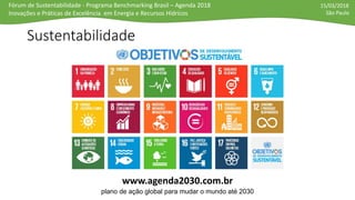 Fórum de Sustentabilidade - Programa Benchmarking Brasil – Agenda 2018
Inovações e Práticas de Excelência em Energia e Recursos Hídricos
15/03/2018
São Paulo
Sustentabilidade
www.agenda2030.com.br
plano de ação global para mudar o mundo até 2030
 