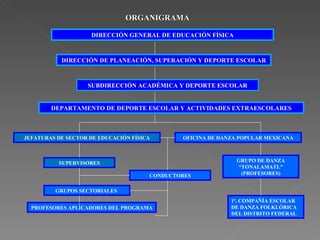 ORGANIGRAMA DIRECCIÓN GENERAL DE EDUCACIÓN FÍSICA DIRECCIÓN DE PLANEACIÓN, SUPERACIÓN Y DEPORTE ESCOLAR SUBDIRECCIÓN ACADÉMICA Y DEPORTE ESCOLAR DEPARTAMENTO DE DEPORTE ESCOLAR Y ACTIVIDADES EXTRAESCOLARES OFICINA DE DANZA POPULAR MEXICANA JEFATURAS DE SECTOR DE EDUCACIÓN FÍSICA SUPERVISORES CONDUCTORES GRUPOS SECTORIALES  PROFESORES APLICADORES DEL PROGRAMA GRUPO DE DANZA “TONALAMATL” (PROFESORES) 1ª. COMPAÑÍA ESCOLAR DE DANZA FOLKLÓRICA DEL DISTRITO FEDERAL 