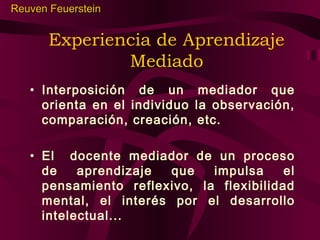 Reuven Feuerstein

Experiencia de Aprendizaje
Mediado
• Interposición de un mediador que
orienta en el individuo la observación,
comparación, creación, etc.
• El docente mediador de un proceso
de
aprendizaje
que
impulsa
el
pensamiento reflexivo, la flexibilidad
mental, el interés por el desarrollo
intelectual...

 