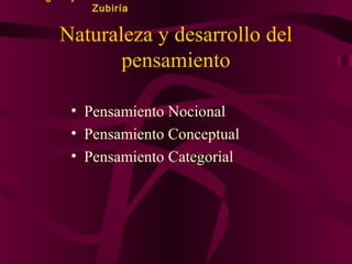 Zubiría

Naturaleza y desarrollo del
pensamiento
• Pensamiento Nocional
• Pensamiento Conceptual
• Pensamiento Categorial

 